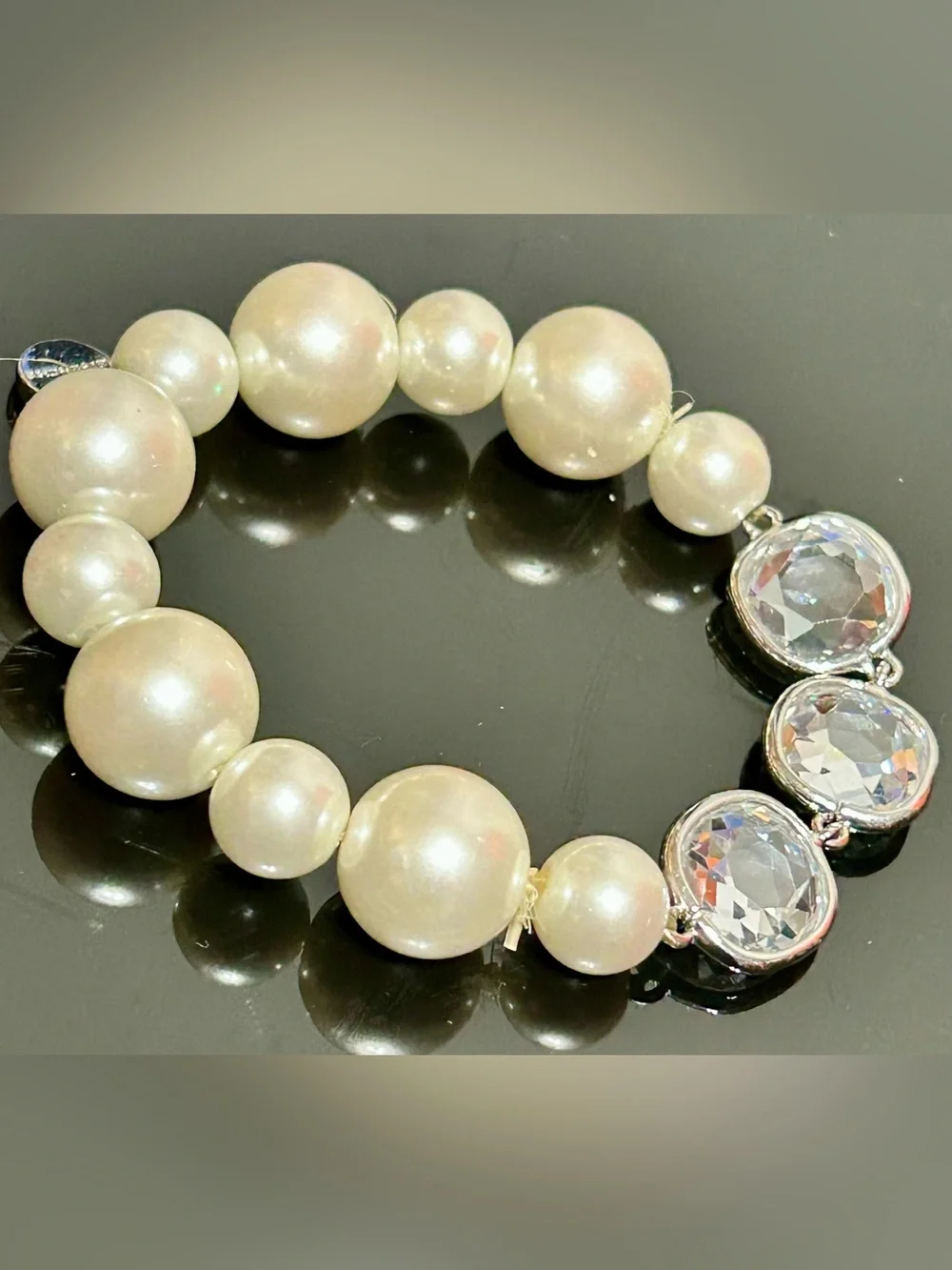 Vintage Givenchy White Pearl Stretch Bracelet  with Crystals